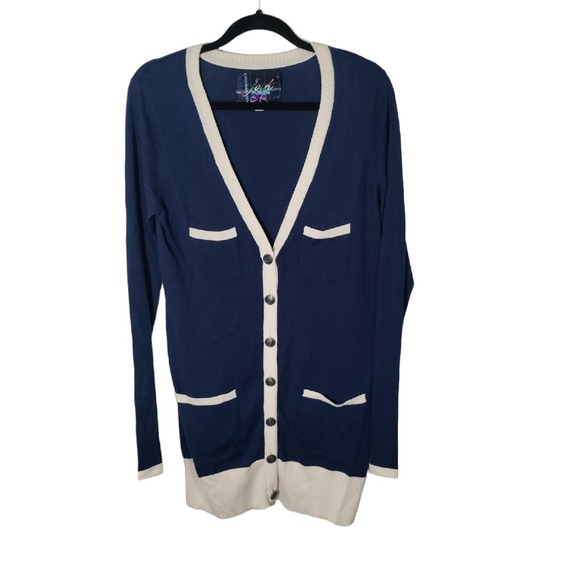 Jack by B.B. Dakota Blue‎ & Cream Button Cotton Wool Preppy Cardigan Sweater  L - Picture 1 of 10